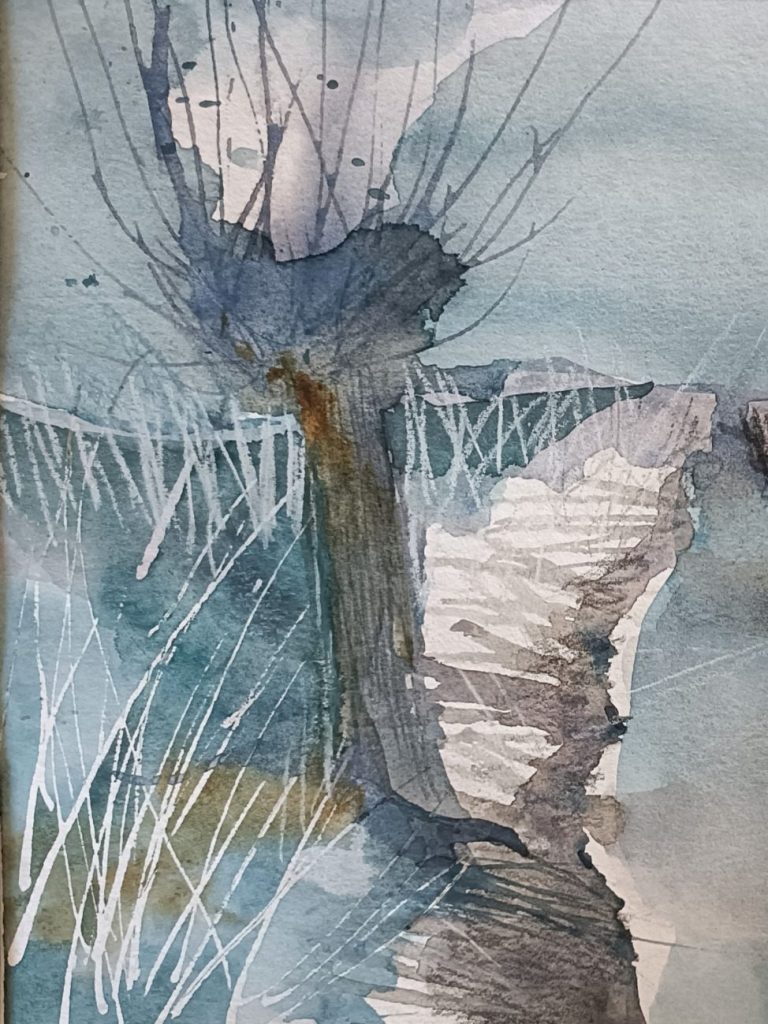 Kopfweiden am Wasser Abstrakte Aquarellmalerei in Blau- und Grautönen mit dynamischen Linien und Formen.