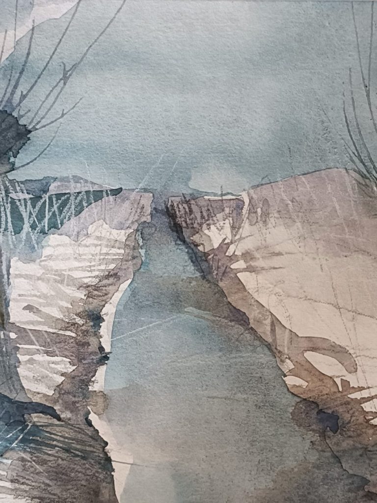 Kopfweiden am Wasser Landschaft mit einem schmalen Wasserweg zwischen hohen Ufern unter bewölktem Himmel.