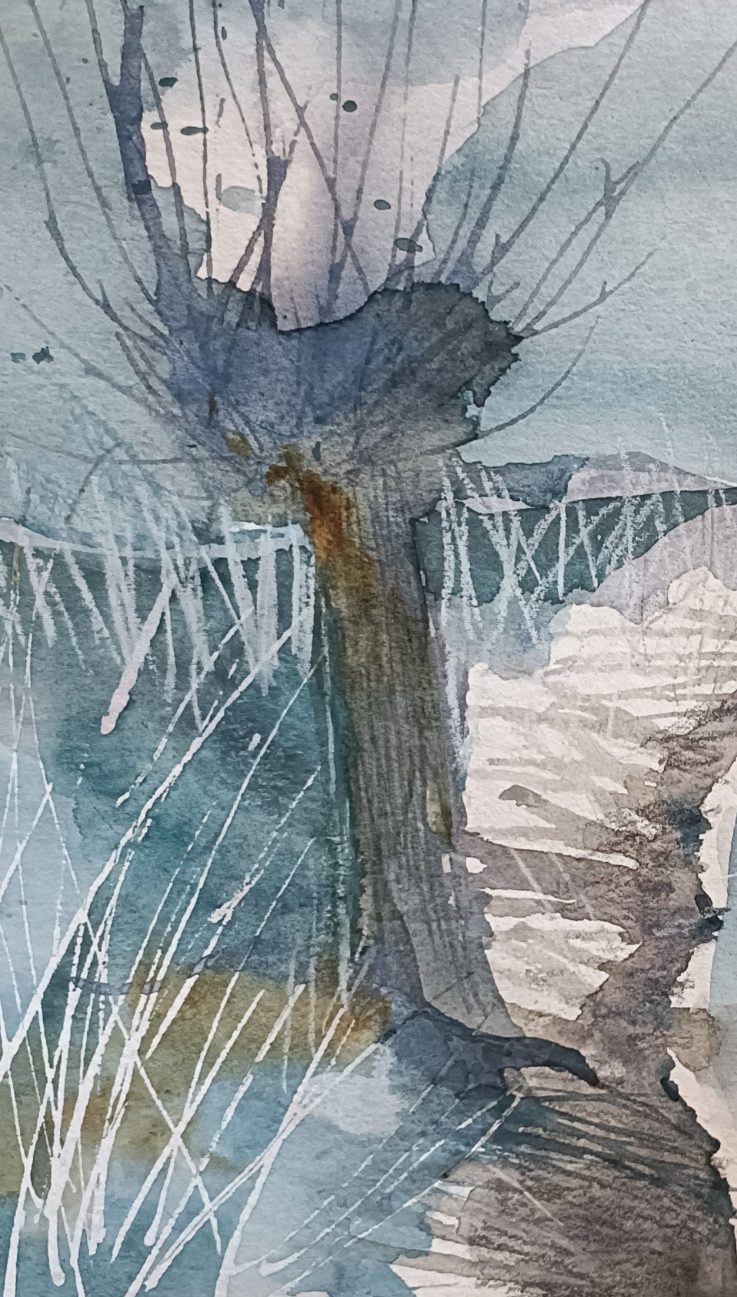 Kopfweiden am Bach Beitrag zur Ausstellung Kunstturm24 Blick auf einen schmalen Wasserlauf zwischen zwei Kopfweiden, Mischtechnik Aquarell, Kreide, Bleistift