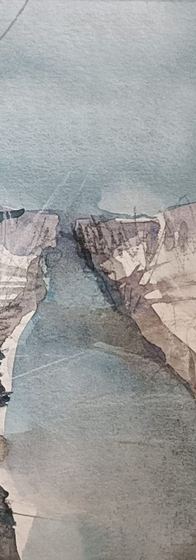 Wasserlandschaft Kopfweiden Blick auf einen schmalen Wasserlauf zwischen zwei Kopfweiden, Mischtechnik Aquarell, Kreide, Bleistift