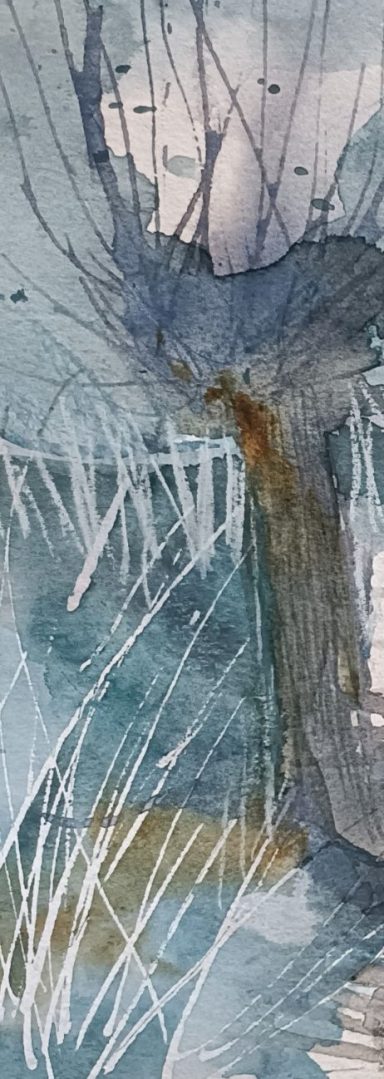 Kopfweiden am Bach Blick auf einen schmalen Wasserlauf zwischen zwei Kopfweiden, Mischtechnik Aquarell, Kreide, Bleistift